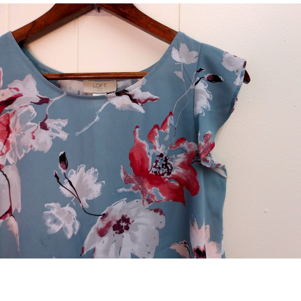 Loft Outlet Floral Ruffle Sleeve Blouse Top Blue Red White Women's PS / #7272 - Picture 2 of 5